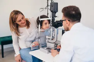 A young girl and her mother sitting with an optometrist using an ophthalmoscope to examine her eyes