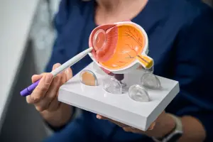 A doctor is showing the anatomy of the human eye with a magnifying glass.