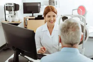 A smiling woman doctor in a white lab coat talks to an elderly male patient in a blue shirt in an eye clinic