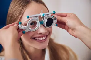 A young girl is smiling and wearing a pair of glasses used for checking vision at a clinic.