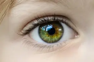 Close-up of a person's eye with green and yellow iris