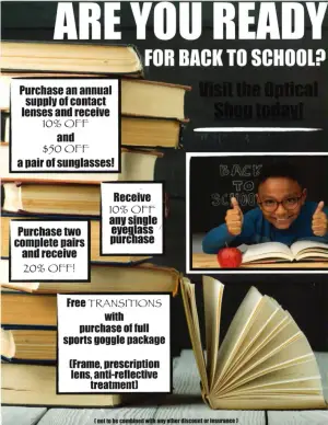 Back to school advertisement with various discounts on eyeglasses and sunglasses
