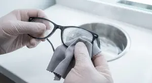 Close up of a person cleaning a pair of black glasses with a grey cloth