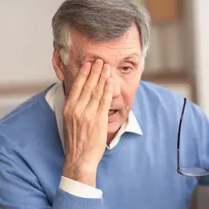 An older man sitting on a couch with his hand on his forehead and wearing glasses.