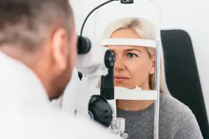 A woman getting her eyes checked by an optometrist in a clinic