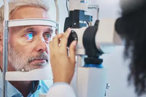 Old man having an eye exam with a female doctor