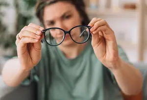 A woman is adjusting her glasses in a room with a shelf and a plant