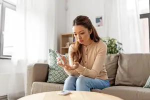 A woman sitting on a couch is looking at her blood sugar level using a device
