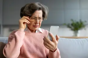 An elderly woman wearing glasses is sitting on a couch and holding a cell phone in her hand while looking at the screen with her left hand on her forehead.