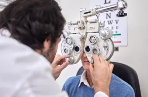 A doctor is checking a woman's eyes with an eye chart on the wall.