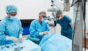 Three doctors in blue scrubs and masks are performing surgery in a room, with one looking through a microscope
