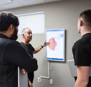Three men looking at a monitor showing a medical image of a body part