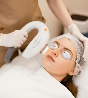 A woman lying down is getting her face treated with laser equipment by a professional in a salon.