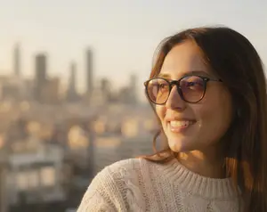 Smiling woman in a sweater and sunglasses with a city skyline in the background