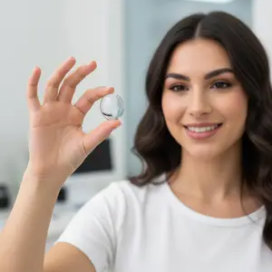 woman holding a glass contact lens in her hand in a medical office