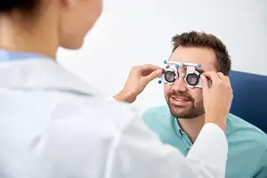 A man is having his vision checked by a woman in a lab coat in an indoor setting.