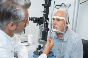 An older man is having his eyes examined by a doctor using specialized equipment.
