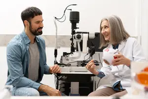 An eye doctor and a patient are smiling at each other while the doctor holds an eye chart