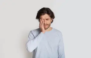 man in grey t-shirt rubbing his forehead