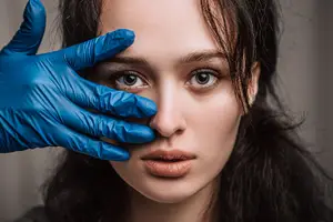 A woman with blue gloves and her eyes covered by her hand is probably in a beauty clinic.