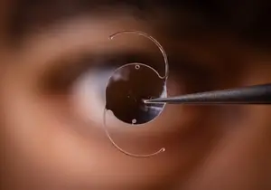 A close-up of a person's eye with a lens being examined with a tweezer.