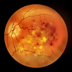 Close-up of a retina with a large yellow spot and blood vessels visible. Diabetic Retinopathy