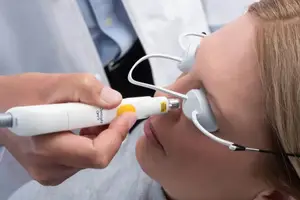 Woman undergoing eye treatment with medical professional using device