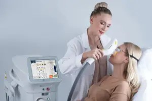 A woman getting her face treated by a female doctor using a laser machine