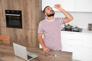 A man is looking at his laptop in a kitchen while adjusting his glasses