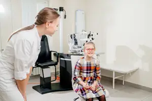 A smiling young girl wearing glasses is sitting in an optometrist's office, with a doctor examining her eyes using an ophthalmoscope.