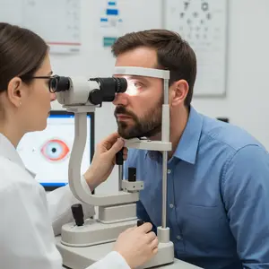 A man is getting his eyes checked by an optometrist in a medical office.