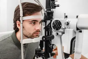 A man is having his eyes examined by a doctor using a machine