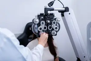 A doctor examining a woman's eyes using an ophthalmoscope