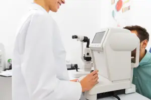 An optometrist is checking a patient's vision in a medical clinic.