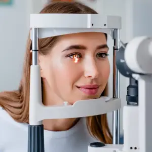 A woman with long brown hair is undergoing an eye examination using a medical instrument in a clinic.