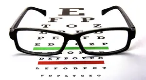 An eye chart with glasses placed on it
