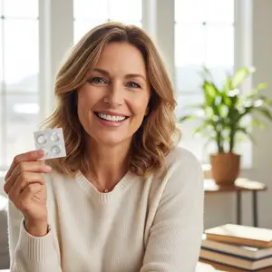 A woman holds a blister pack of pills in her hands and smiles for the camera.