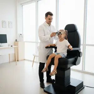 A young girl sits in a chair while a doctor adjusts her glasses.