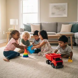 Five children sit on a carpeted floor and play with toys, a blue bucket, and a toy truck.