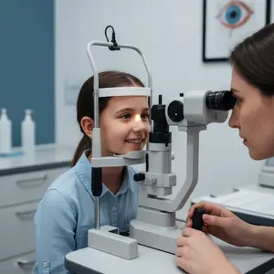 A young girl is having her eyes examined by a female optometrist using a machine