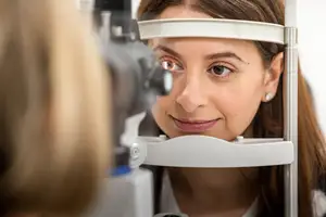 A woman is looking into a machine, possibly an ophthalmoscope, and seems to be smiling. She is probably having an eye examination.