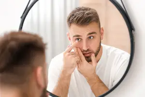 A man is looking at his face in the mirror and touching his nose with his finger