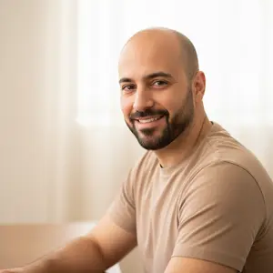 Portrait of a smiling man with a beard and short hair, wearing a brown t-shirt, seated at a wooden desk with a white curtain in the background.