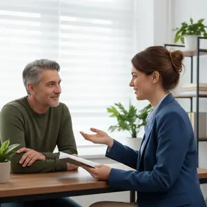 A man and a woman are sitting at a desk in a well-lit room and seem to be discussing something. The woman is holding a book and smiling while talking to the man. Behind them, there is a potted plant and a shelf with books and a potted plant.