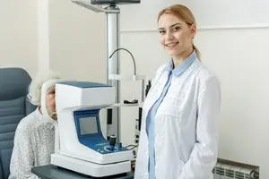 A woman wearing a white lab coat and smiling is standing next to a medical equipment, while an elderly woman in a polka-dot shirt is sitting on a chair with a mask on her face.