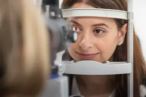 A woman wearing glasses and having her eyes examined by an optometrist