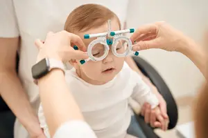 A baby is sitting on a chair and having his eyes examined by a doctor who is holding a special tool in front of the baby's eyes.