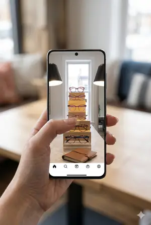 A hand holding a smartphone with a picture of a stack of glasses on it.