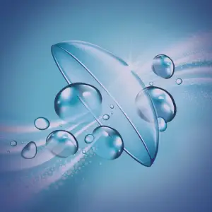 Illustration of a water droplet on a contact lens on a blue background