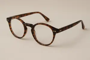 A pair of glasses with brown frames and clear lenses.